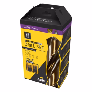 Packaging for an Alpha drill set (Cobalt Series/TuffBox Pro), yellow front with purple band and black top, viewed at an angle.