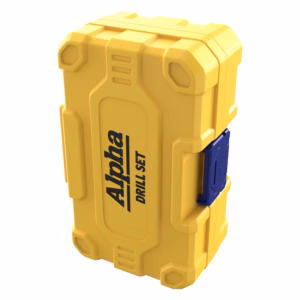 Yellow plastic tool case with blue latches and 'DRILL SET' label on the side.