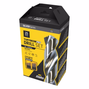 Angled view of a yellow and black TUFFBOX Pro drill set box, labeled 25 PCE and Silver Series drill set by Alpha.