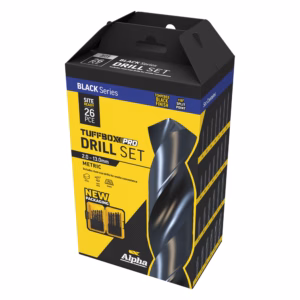 TUFFBOX Pro drill set packaging in yellow and black with 26-piece contents and Alpha logo