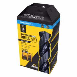 Blue-and-yellow Alpha TuffBox Pro drill set box, 26-piece, with window showing drill bits inside
