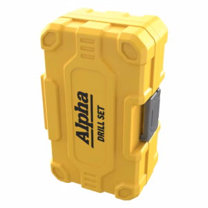 Yellow rugged plastic tool case with reinforced corners and latches, viewed at an angle, showcasing its sturdy design.