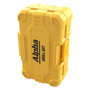 Yellow rugged plastic tool/equipment case with reinforced corners and a textured surface.