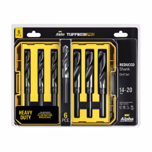 Alpha TUFFBOX Pro 6-piece heavy-duty drill bit set in a yellow organizer case