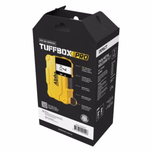 Packaging for a TuffBox Pro tool case; black box with a yellow rugged case visible on the front and product text on the side.