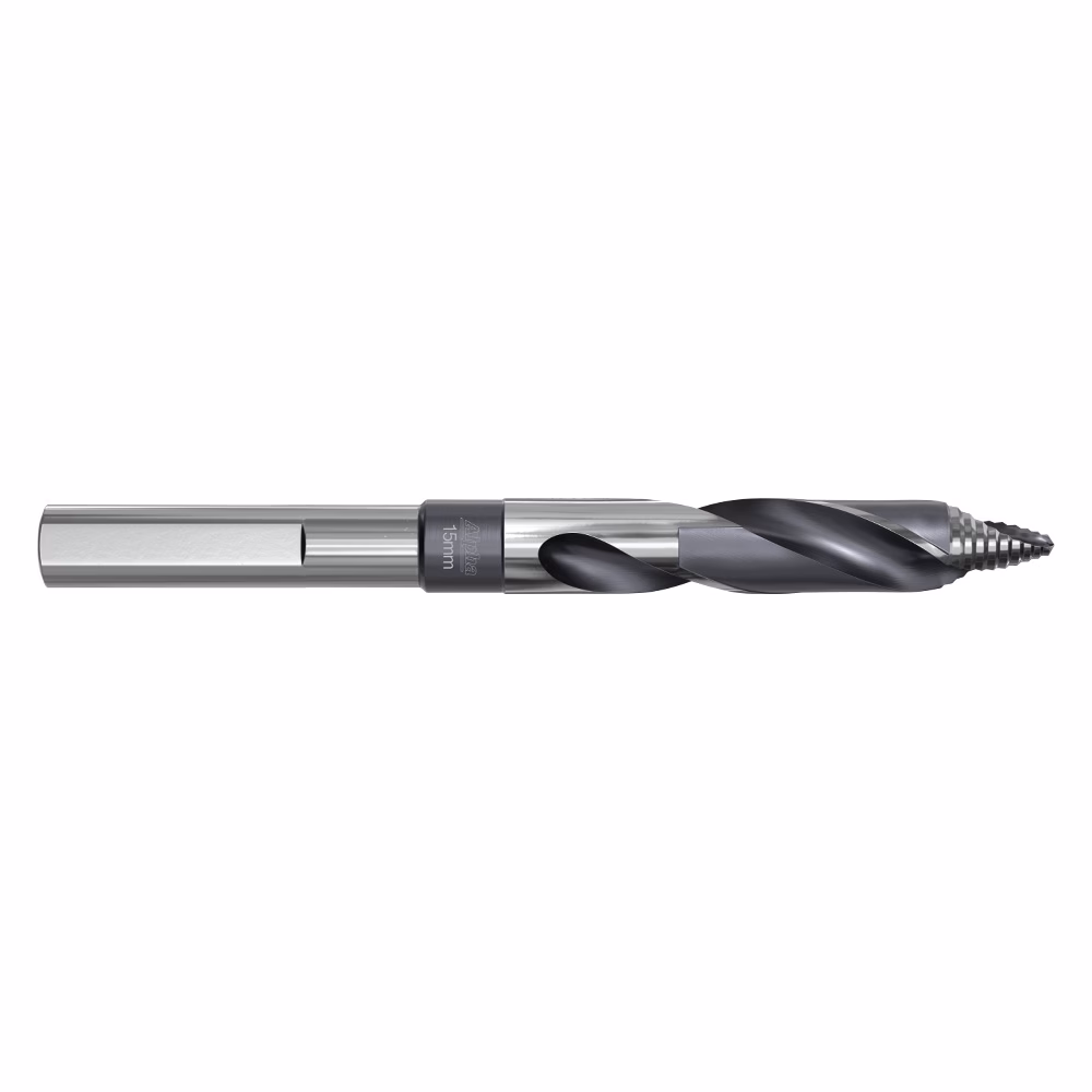 9LMST150R_00 - Alpha Tools 15 mm twist drill bit with silver shank and spiral flutes on a white background, designed for metal drilling (informational)