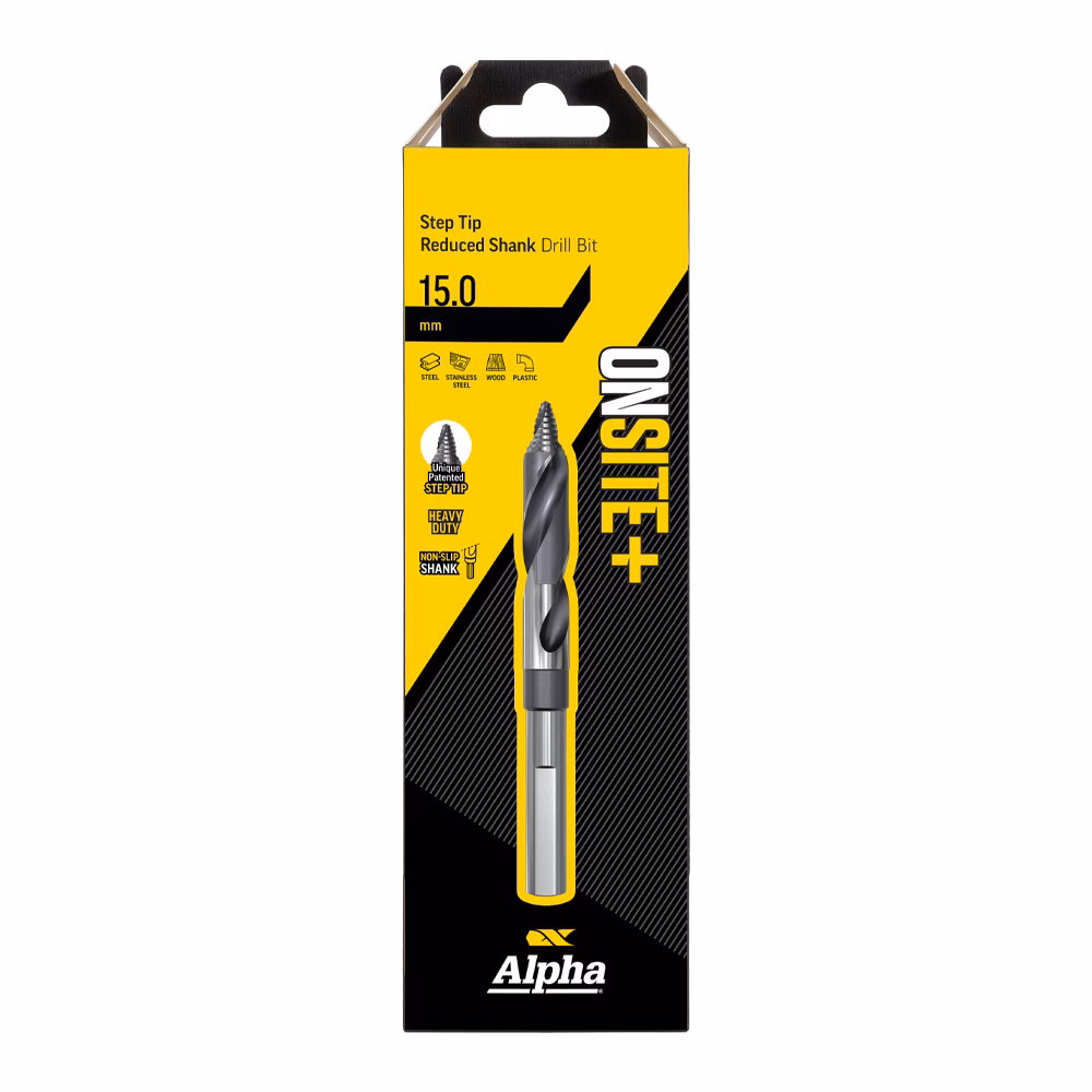 9LMST150R_02 - Alpha Tools Award packaging for a 15.0 mm Step Tip Reduced Shank drill bit by Alpha, yellow and black box