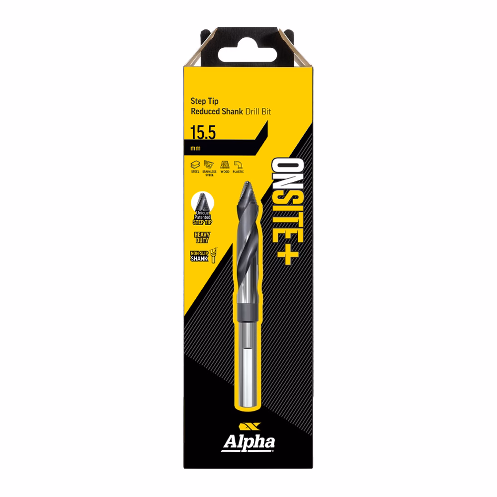 9LMST155R_02 - Alpha Tools Drill bit packaging in yellow and black with Alpha logo, labeled 15.5 mm step tip reduced shank drill bit (Inset images similar to tool features)