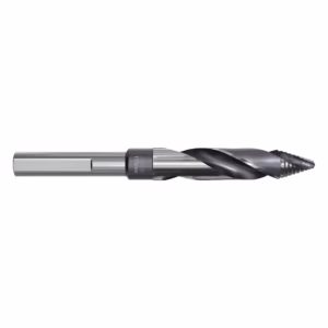Twist drill bit made of metal with helical flutes and a sharp point, shown in profile.