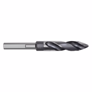 Metal twist drill bit for drilling holes (metalworking tool) against a white background, near-horizontal orientation with spiraled flutes.