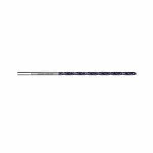 Long twist drill bit with a blue-coated body and silver tip, laid horizontally on a white background