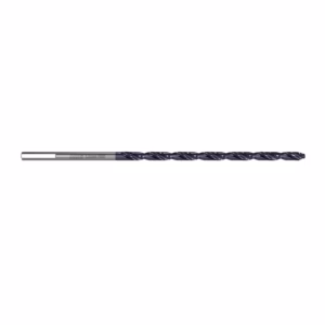Long twist drill bit with a silver shank and dark helical flutes for metal drilling.