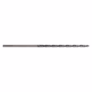 Metal twist drill bit laid horizontally on a white background, used for drilling holes in metal or wood; sharpened cutting tip on the left.