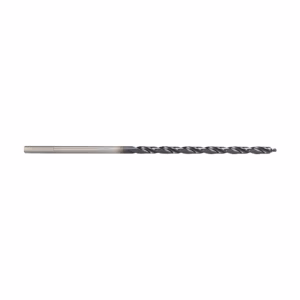 Long twist drill bit with spiral flutes and a cutting tip, made of metal.