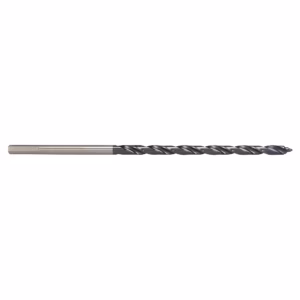 Long twist drill bit with a straight shank and helical flutes, stainless steel look, laid horizontally on white background - for drilling metal or wood.