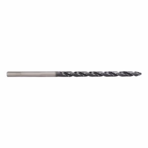 Long twist drill bit with spiraled flutes and straight shank, used for drilling holes.