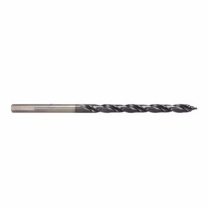 Twist drill bit with a metallic shank and helical flutes for drilling holes, shown in profile lengthwise across the image.