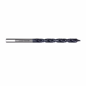 Horizontal twisted drill bit on a white background, showing helical flutes and a metallic finish.