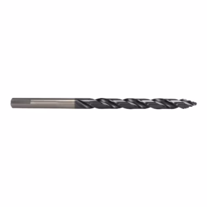 Long metal twist drill bit laid horizontally, used for drilling metal surfaces.