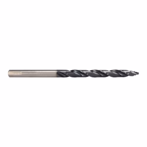 Twist drill bit for metalworking with helical flutes, lying horizontally on a white background.