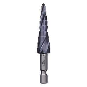 Alpha brand stepped twist drill bit with multiple diameter steps (4–12) and a hex shank, blue-tinted coating, used for drilling various hole sizes.