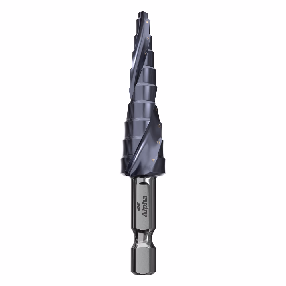 9STQRM4-12SD_00-1 - Alpha Tools Alpha brand stepped twist drill bit with multiple diameter steps (4–12) and a hex shank, blue-tinted coating, used for drilling various hole sizes.