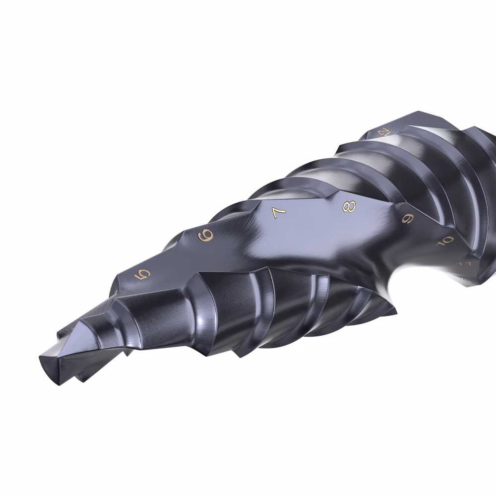 9STQRM4-12SD_02-1 - Alpha Tools Close-up of a shiny steel twist drill bit with spiral flutes and numbered markings along its body.