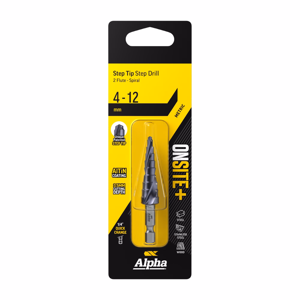 9STQRM4-12SD_03-1 - Alpha Tools Alpha step drill bit packaging in yellow and black, showing 4–12 mm and the drill bit image visible through the case.