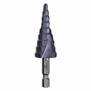 Purple multi-step drill bit with a hex shank, designed for drilling holes in metal (stepped conical shape).