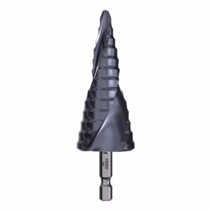 Stepped cone drill bit with multiple cutting stages and a square shank ready for use in a drill.