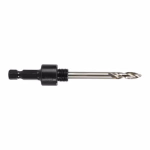 Drill bit with hex shank and threaded chuck adapter, extending to a twist drill at the right.