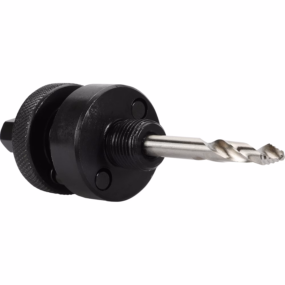 ARBST-2_03 - Alpha Tools Close-up of a black drill chuck with a threaded arbor and a silver twist drill bit extending to the right.