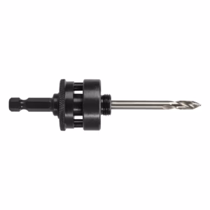 Drill bit held in a black chuck adapter with a long metallic drill bit extending rightward, isolated on white.
