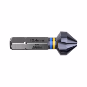 Metal dart tip with hexagonal shaft, blue/yellow rings, and '12.4mm' Alpha branding—a precision darts component