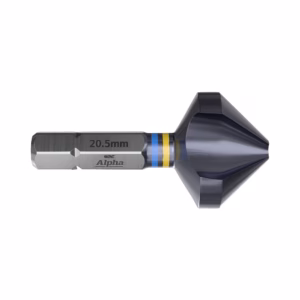 Metal drill bit with a wide conical tip and hex shank, marked 20.5mm and Alpha