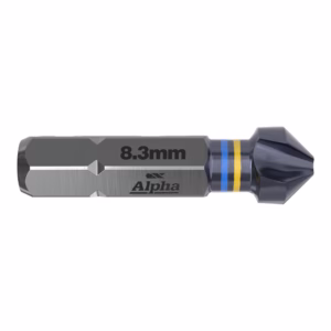 Screwdriver bit with an 8.3 mm shaft, color‑coded bands near the head, and the Alpha branding on the shaft.