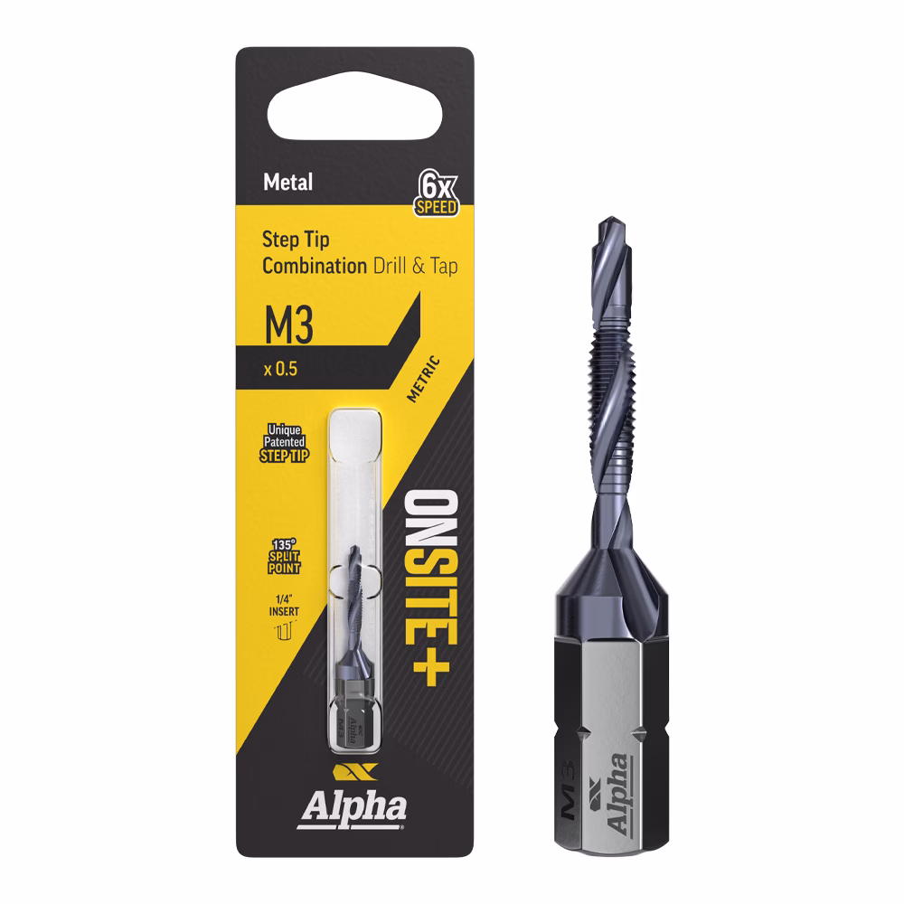 DTSTM030_03-1 - Alpha Tools Alpha metal step-tip drill and tap bit in yellow/black packaging, labeled M3, 0.5x speed, ready for use with a silver bit attached