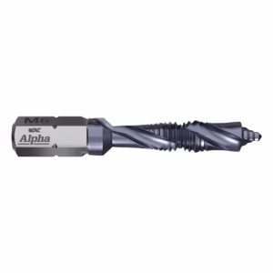 M6 drill bit with helical flutes and a gray Alpha-branded shank (metalworking tool).