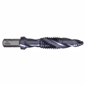 Twisted metal drill bit with spiraled flutes and a hexagonal shank labeled Alpha M10.