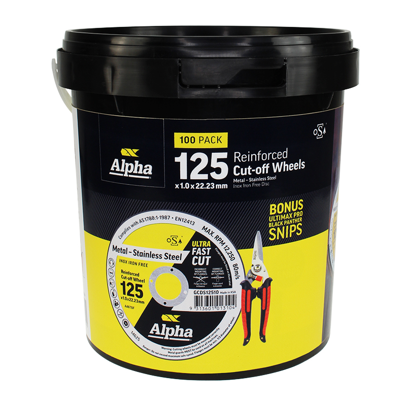 Cutting Disc 125 x 1mm Alpha Tub (Pk 100) Bonus 29-721B Snips