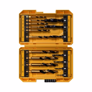 Yellow toolbox opened to display drill bits organized by size, including twist bits and brad-point bits in a compact case.