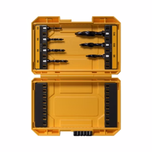 Open yellow plastic drill-bit case showing multiple twist bits arranged in two rows by size on the left and right shelves.