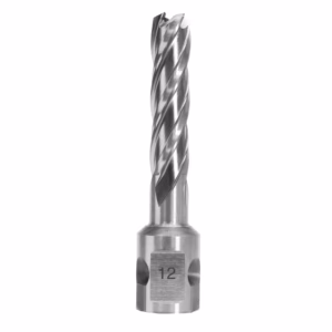 Metal end mill cutting tool with spiral flutes, base stamped with the number 12.