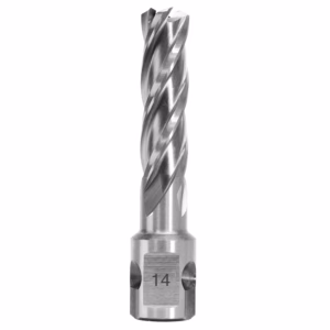 Metal twist drill bit with helically twisted flutes and '14' stamped on the base.