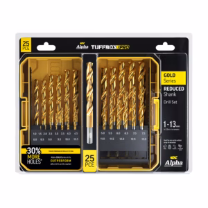 25-piece Alpha Gold Series drill set in yellow and black case, shown in packaging with assorted twist drill bits and marked sizes up to 13 mm (reduced shank).