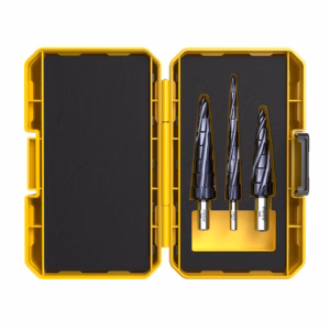 Yellow open toolbox containing a set of four black twist drill bits in a foam insert on the right side, empty left side panel ready for use.