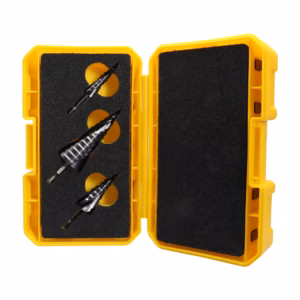 Opened yellow plastic case with black foam inserts holding three drill bits in individual slots and holes for extra bits in the left compartment.