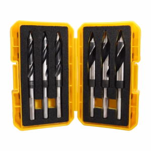 Yellow hard plastic case open to reveal a set of metal drill bits in black foam inserts.