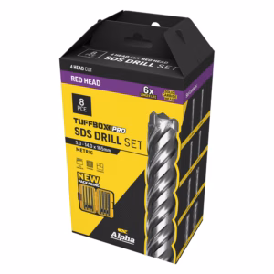 Yellow and black packaging for an 8‑piece SDS drill bit set, with drill bits visible on the front and bold branding.