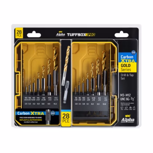28-piece Alpha Carbon XTRA Gold drill and tap set in yellow and black plastic case, labeled Tuffbox Pro